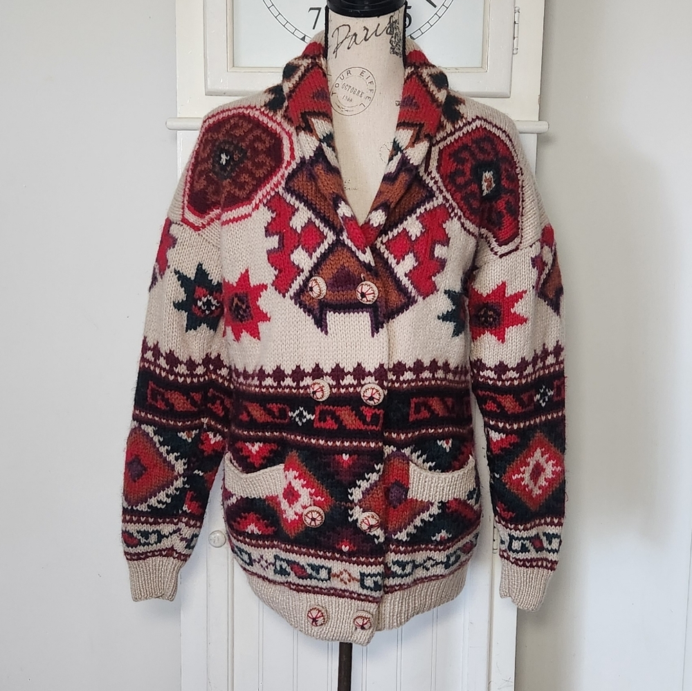 Vintage Red and Cream Geometric Shawl Collar Cardigan - Picture 6 of 10